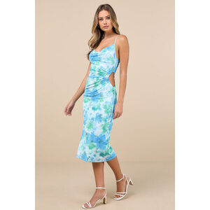 Lulus Vibrant Babe Blue Multi Floral Cutout Drawstring Midi Dress - Size S